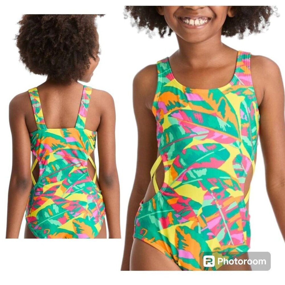 Cat & Jack Girls' Paradise Palm Sleeveless One Piece Swimsuit - Sz M